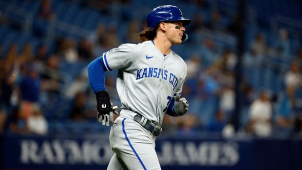 Aug 19, 2022; St. Petersburg, Florida, USA; Kansas City Royals shortstop Bobby Witt Jr. (7) hits a two run home run against the Tampa Bay Rays during the third inning at Tropicana Field. Mandatory Credit: Kim Klement-USA TODAY Sports